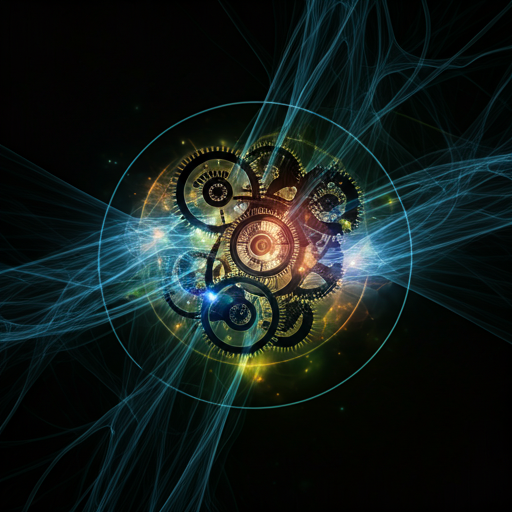 Intricate clockwork gears and neural network lines glowing against a deep black background