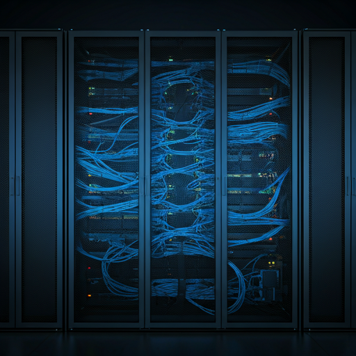 Highly technical computer server room with neon blue lights and complex data cabling