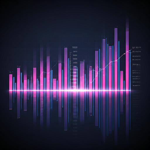 Abstract glowing data chart reflecting on dark glass surface with pink and blue neon highlights